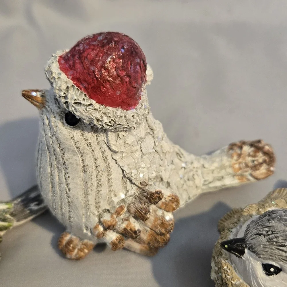 Set of 3 Christmas Winter Bird Figurines Santa Hats Scarves Holiday Decor